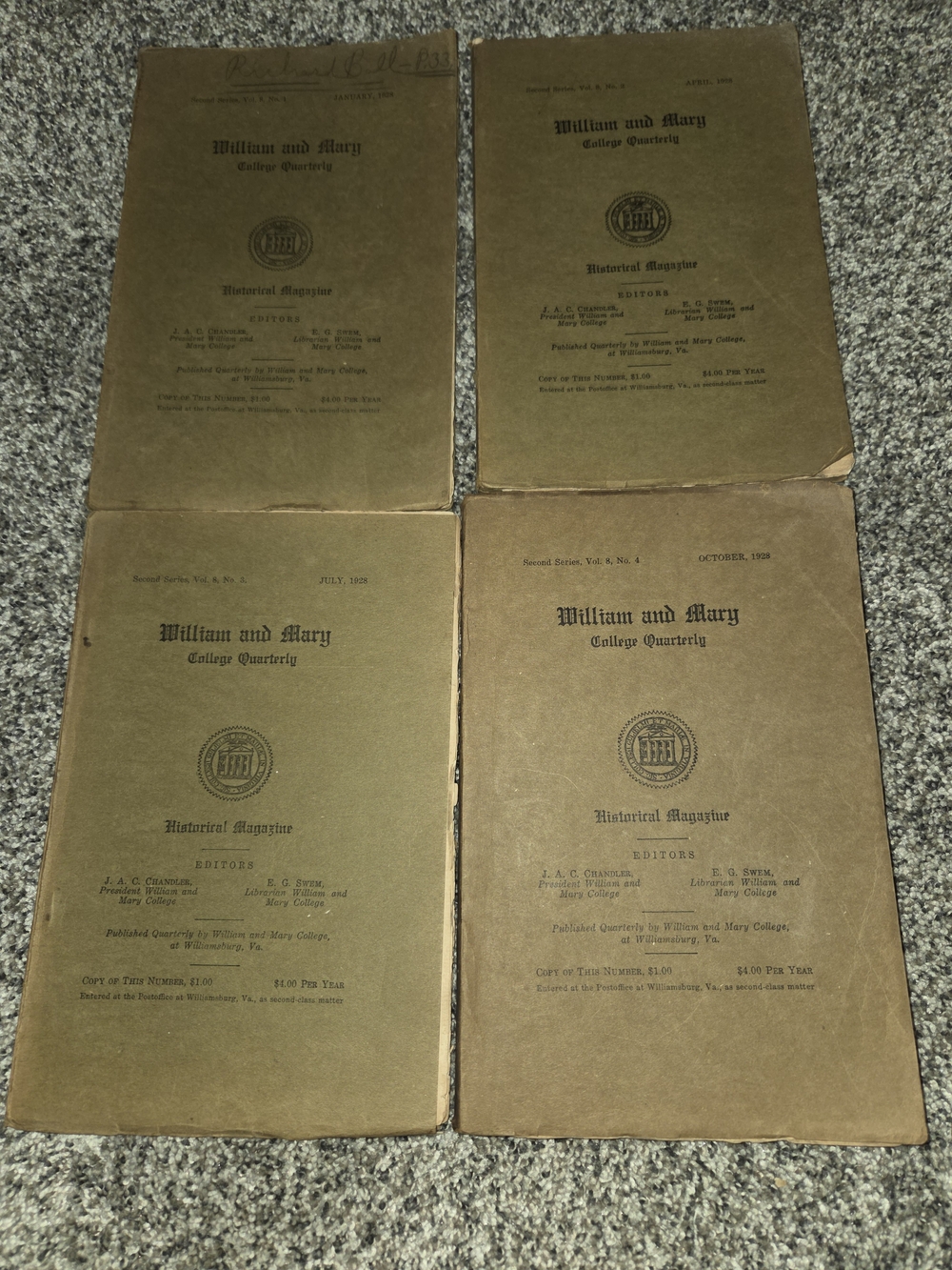 Lot of 4 William and Mary College Quarterly 1928 Vol VIII Jan/Apr/Jul/Oct Issues
